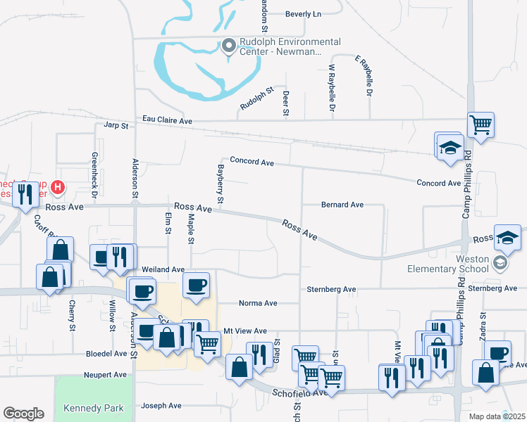 map of restaurants, bars, coffee shops, grocery stores, and more near 3104 Ross Avenue in Schofield