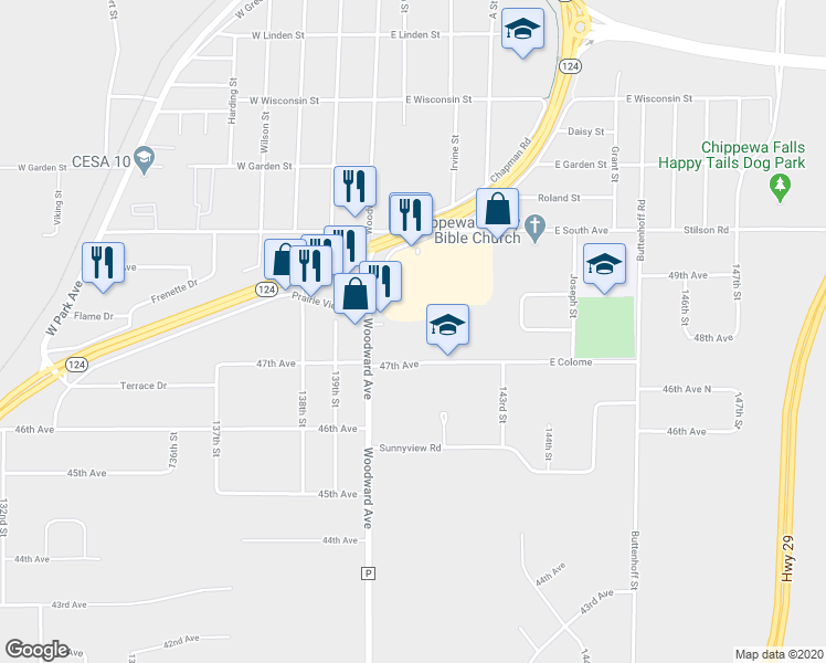 map of restaurants, bars, coffee shops, grocery stores, and more near 310 East Colome Street in Chippewa Falls
