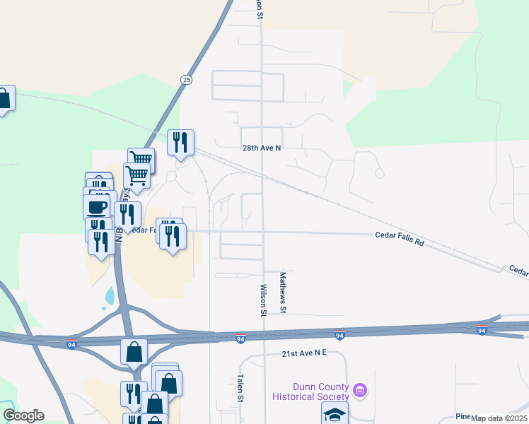 map of restaurants, bars, coffee shops, grocery stores, and more near 2508 Wilson Street in Menomonie