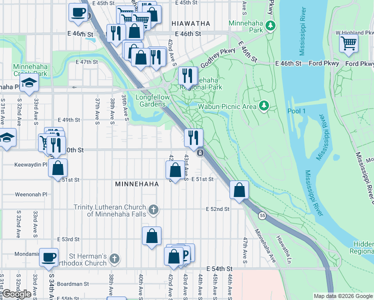 map of restaurants, bars, coffee shops, grocery stores, and more near 0 Highway 5 in Minneapolis