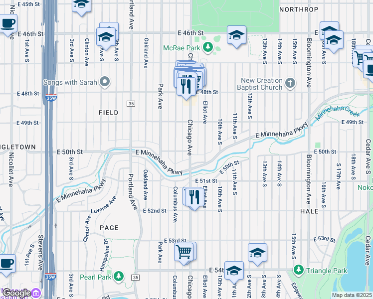 map of restaurants, bars, coffee shops, grocery stores, and more near 4935 Chicago Avenue in Minneapolis