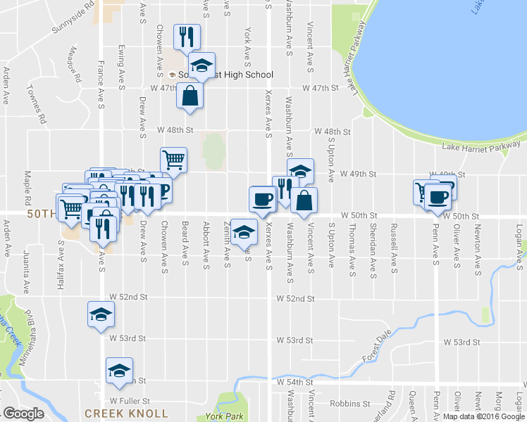 map of restaurants, bars, coffee shops, grocery stores, and more near 4946 Xerxes Avenue South in Minneapolis
