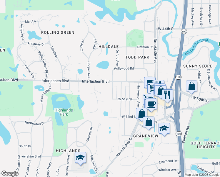map of restaurants, bars, coffee shops, grocery stores, and more near 5001 Oxford Avenue in Minneapolis