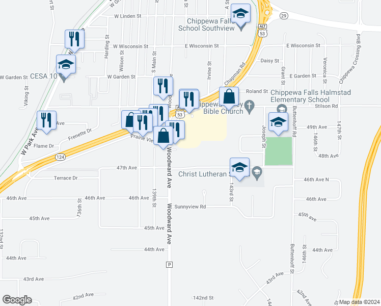 map of restaurants, bars, coffee shops, grocery stores, and more near 310 East Colome Street in Chippewa Falls