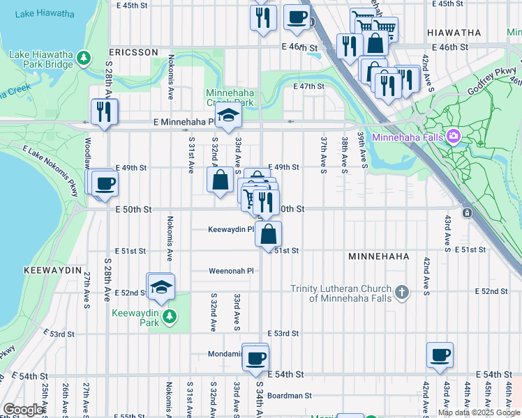 map of restaurants, bars, coffee shops, grocery stores, and more near 34th Avenue South & East 50th Street in Minneapolis
