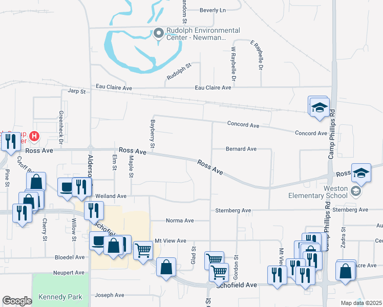 map of restaurants, bars, coffee shops, grocery stores, and more near 3108 Ross Avenue in Schofield