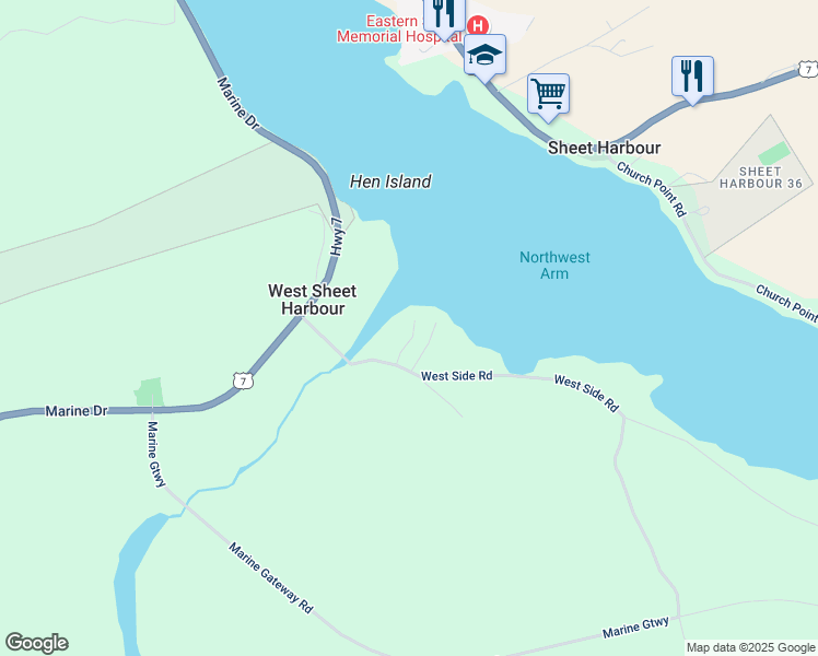 map of restaurants, bars, coffee shops, grocery stores, and more near 59 West Side Road in Sheet Harbour