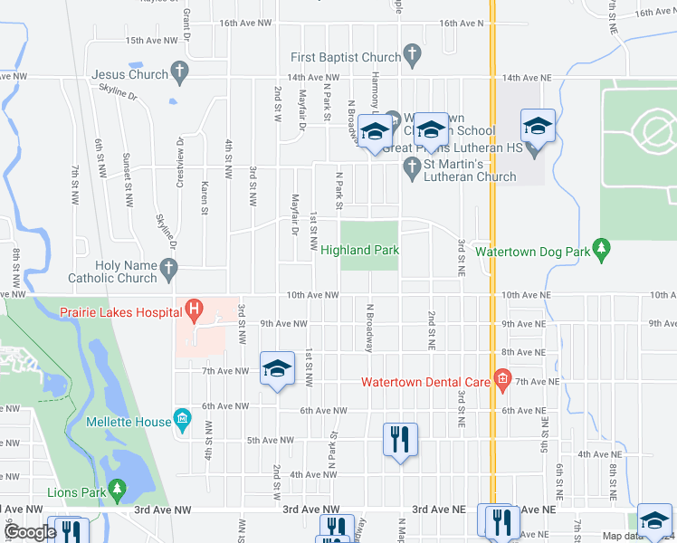 map of restaurants, bars, coffee shops, grocery stores, and more near North Park Street in Watertown