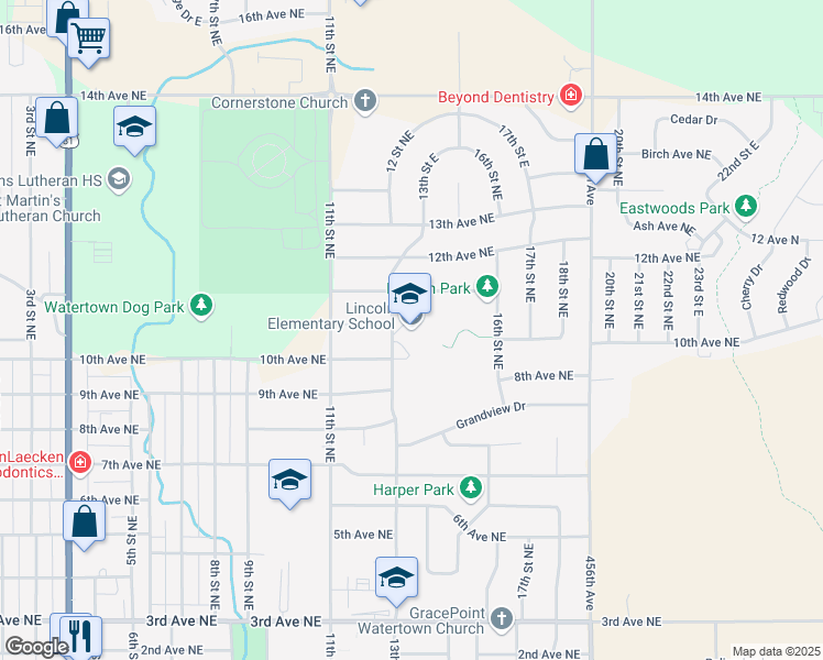 map of restaurants, bars, coffee shops, grocery stores, and more near 1100 13th Street Northeast in Watertown