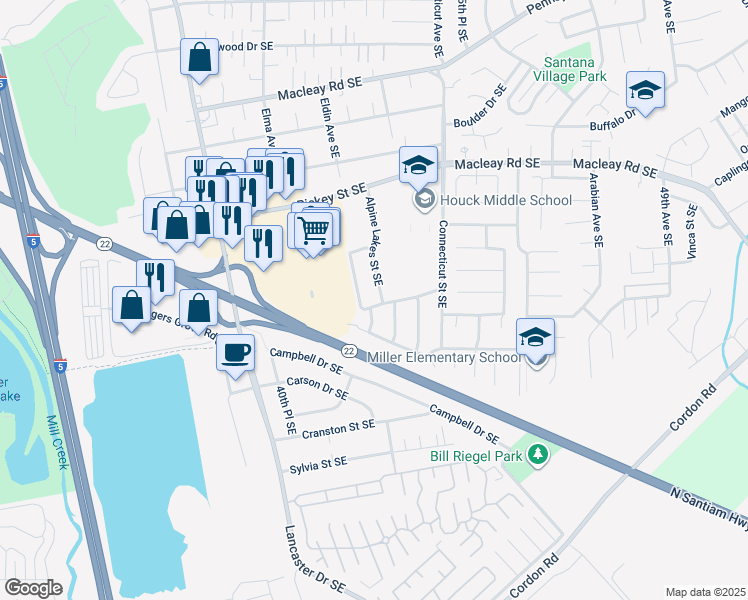 map of restaurants, bars, coffee shops, grocery stores, and more near 1436 Alpine Lakes Street Southeast in Salem