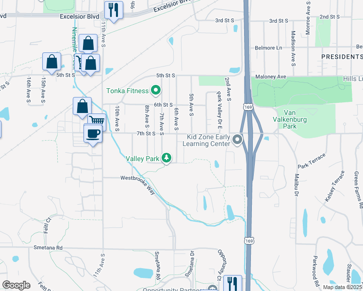map of restaurants, bars, coffee shops, grocery stores, and more near 708 6th Avenue South in Hopkins