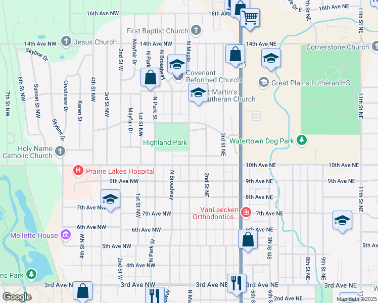 map of restaurants, bars, coffee shops, grocery stores, and more near 1017 North Maple in Watertown