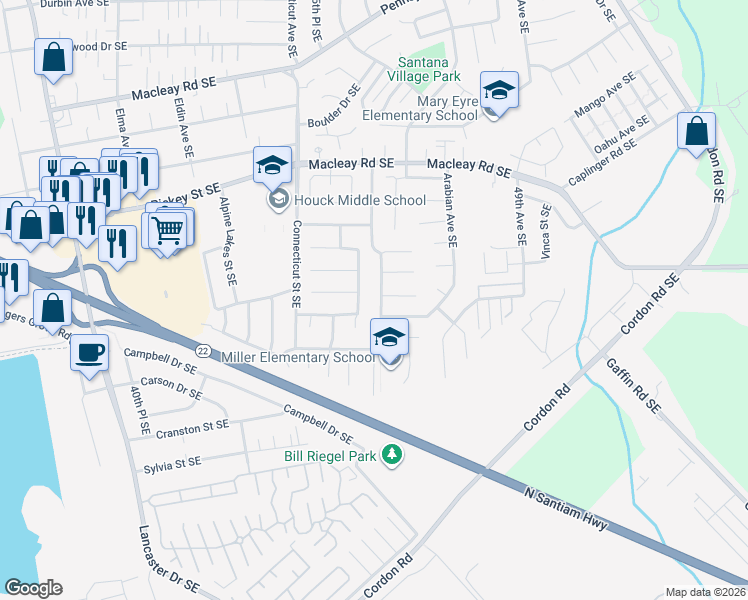map of restaurants, bars, coffee shops, grocery stores, and more near 1417 46th Place Southeast in Salem