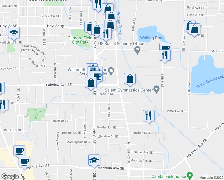map of restaurants, bars, coffee shops, grocery stores, and more near 1291-1381 Peace Street Southeast in Salem