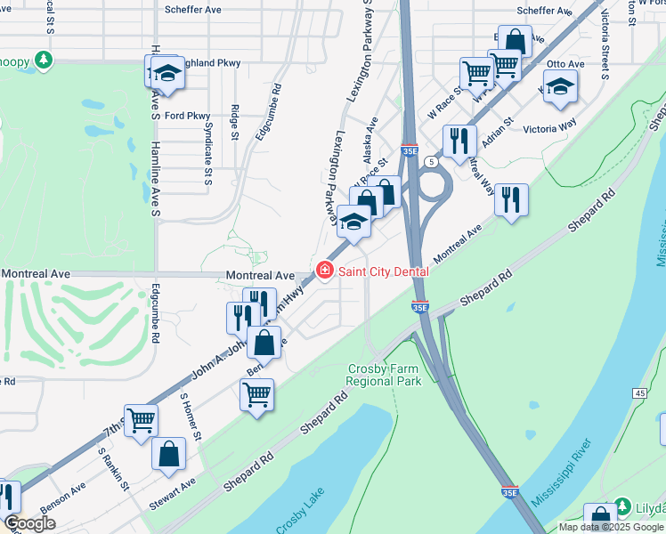 map of restaurants, bars, coffee shops, grocery stores, and more near 1810 7th Street West in Saint Paul