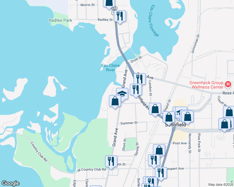 map of restaurants, bars, coffee shops, grocery stores, and more near 130 School Street in Schofield