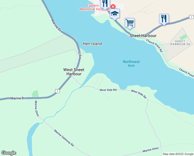map of restaurants, bars, coffee shops, grocery stores, and more near 59 West Side Road in Sheet Harbour
