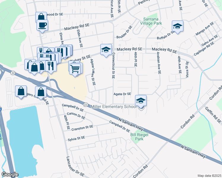 map of restaurants, bars, coffee shops, grocery stores, and more near 4480 Benham Avenue Southeast in Salem