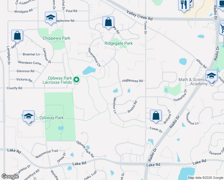 map of restaurants, bars, coffee shops, grocery stores, and more near 7769 Highpointe Rd in Woodbury