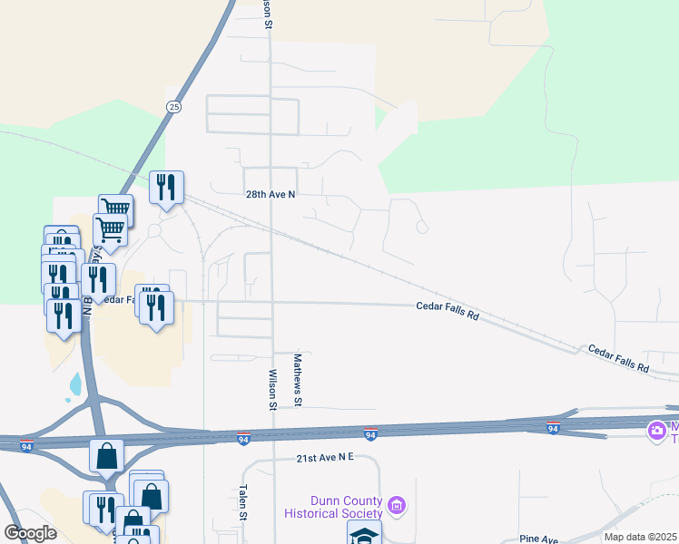 map of restaurants, bars, coffee shops, grocery stores, and more near 817 Cedar Falls Road in Menomonie