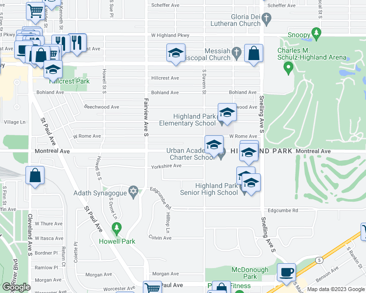 map of restaurants, bars, coffee shops, grocery stores, and more near 1743 Montreal Avenue in Saint Paul