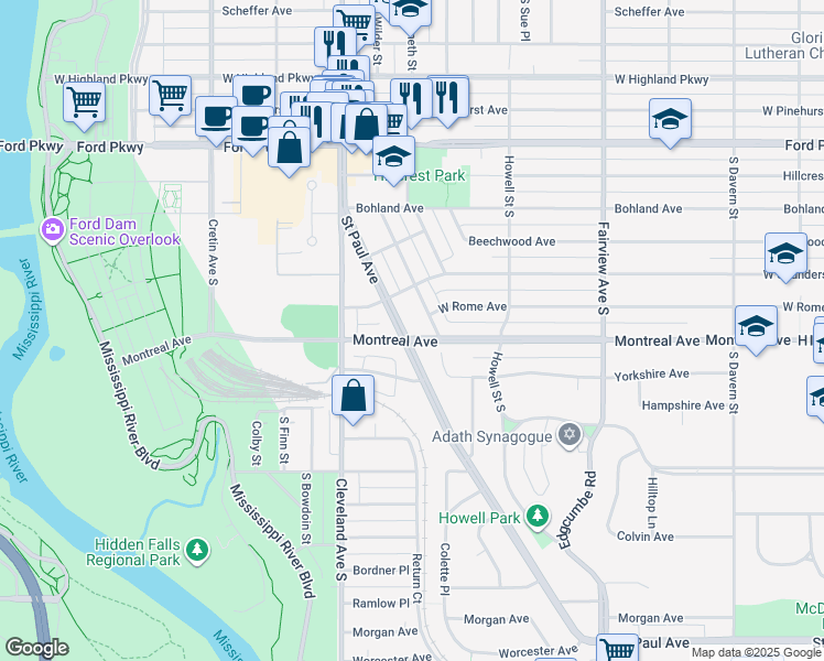 map of restaurants, bars, coffee shops, grocery stores, and more near 956 Saint Paul Avenue in Saint Paul