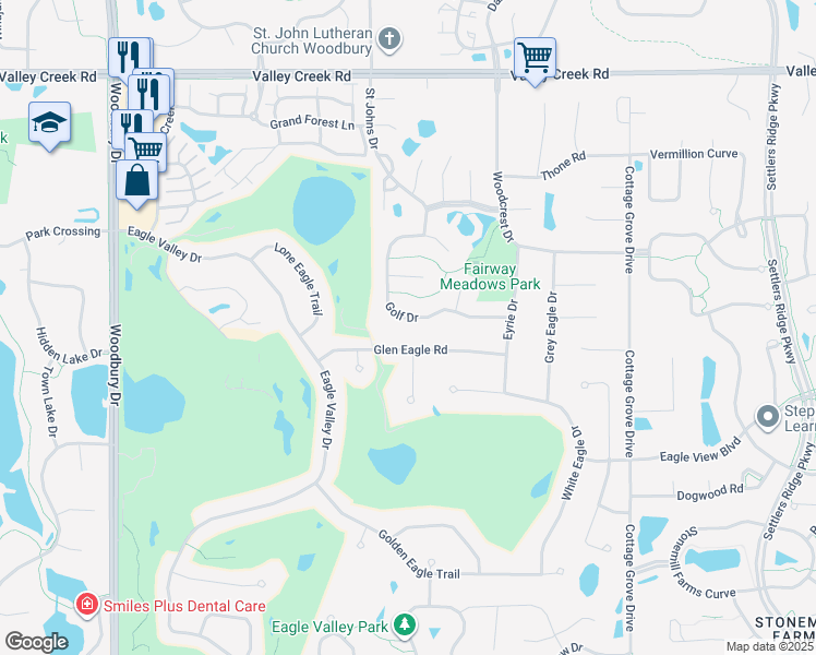 map of restaurants, bars, coffee shops, grocery stores, and more near 2400 Golf Drive in Woodbury