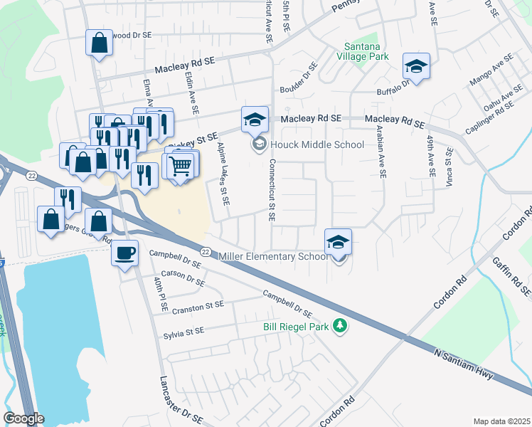 map of restaurants, bars, coffee shops, grocery stores, and more near 4451 Benham Avenue Southeast in Salem