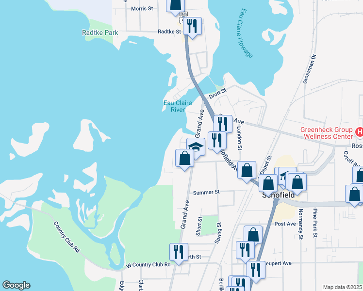 map of restaurants, bars, coffee shops, grocery stores, and more near 116-118 School Street in Schofield