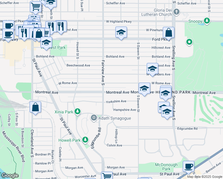 map of restaurants, bars, coffee shops, grocery stores, and more near 1782 West Rome Avenue in Saint Paul