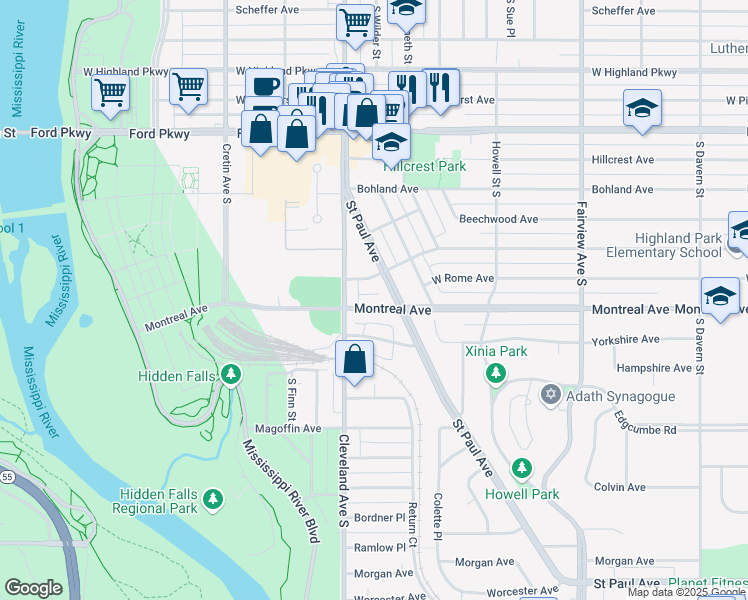 map of restaurants, bars, coffee shops, grocery stores, and more near 2023 Montreal Avenue in Saint Paul