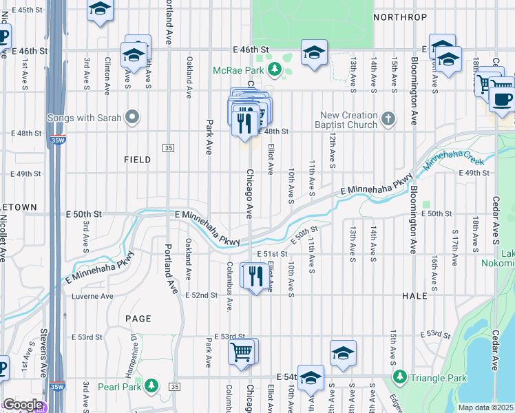 map of restaurants, bars, coffee shops, grocery stores, and more near 4935 Chicago Avenue in Minneapolis