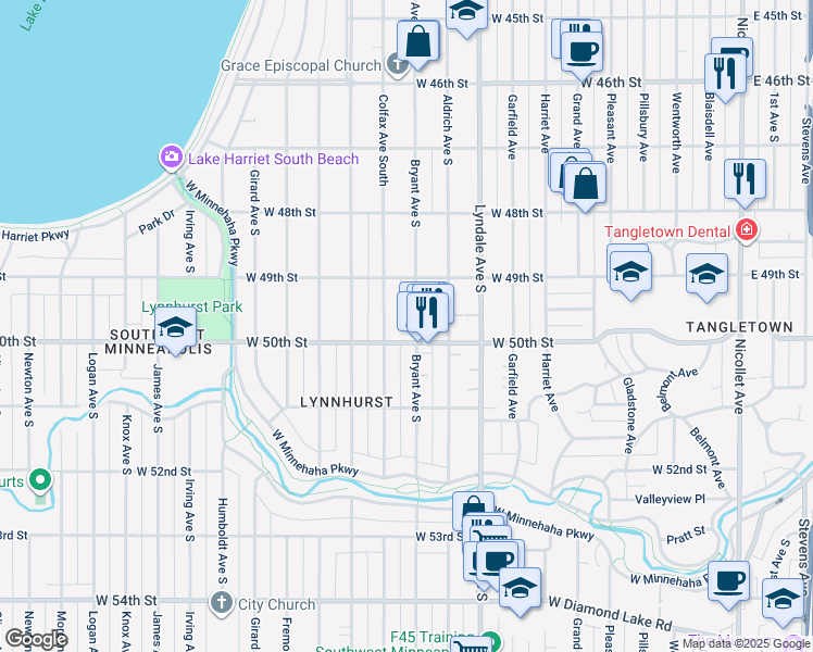 map of restaurants, bars, coffee shops, grocery stores, and more near 4938 Bryant Avenue South in Minneapolis