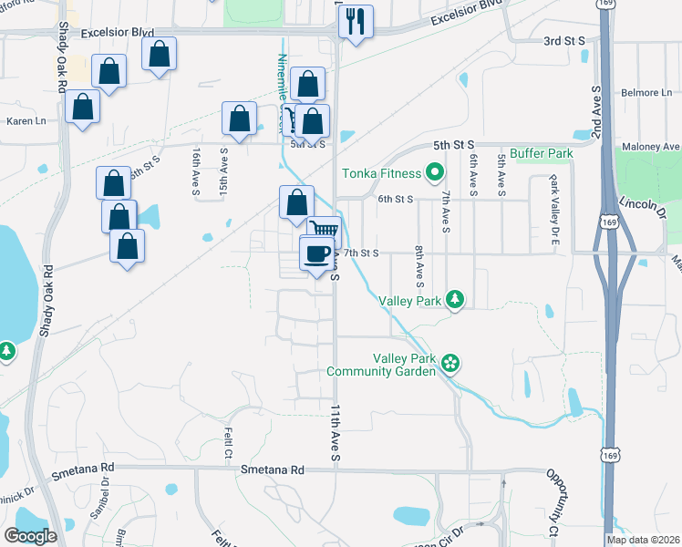 map of restaurants, bars, coffee shops, grocery stores, and more near 707 11th Avenue South in Hopkins