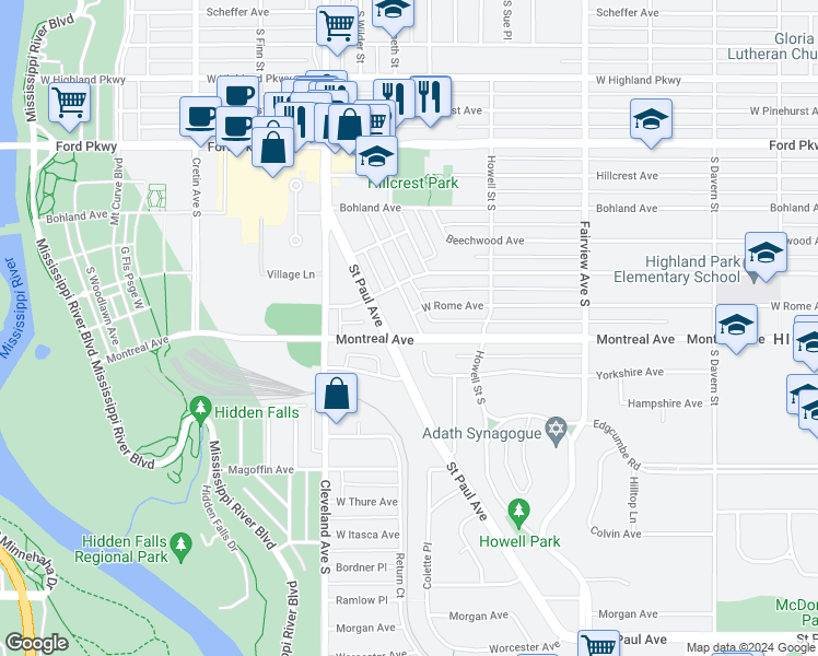 map of restaurants, bars, coffee shops, grocery stores, and more near 943 South Wilder Street in Saint Paul