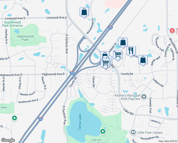 map of restaurants, bars, coffee shops, grocery stores, and more near 6202 Courtly Road in Woodbury