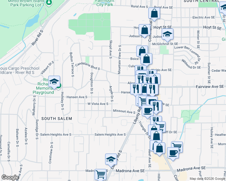 map of restaurants, bars, coffee shops, grocery stores, and more near 2890 Argyle Drive South in Salem