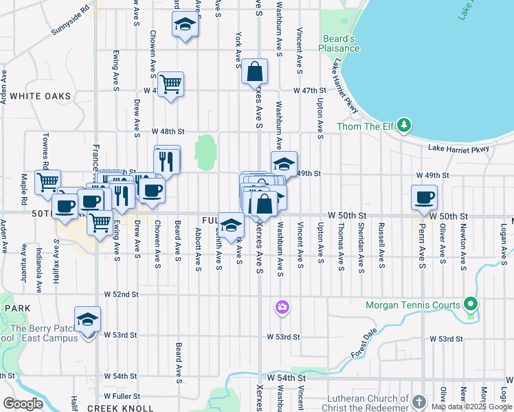 map of restaurants, bars, coffee shops, grocery stores, and more near 4946 Xerxes Avenue South in Minneapolis