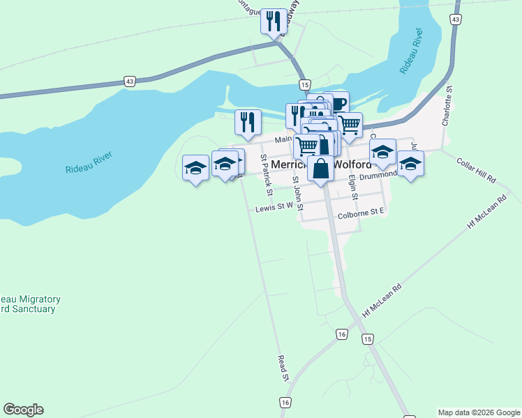 map of restaurants, bars, coffee shops, grocery stores, and more near 346 Lewis Street West in Merrickville