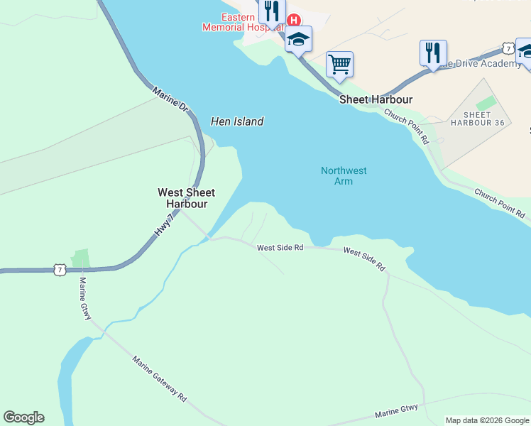 map of restaurants, bars, coffee shops, grocery stores, and more near 41 Eldoras Lane in Sheet Harbour