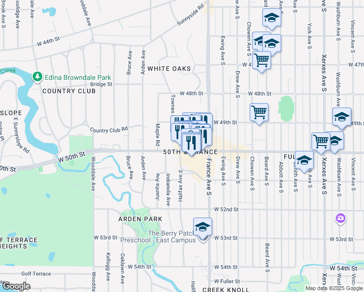 map of restaurants, bars, coffee shops, grocery stores, and more near 3948 West 50th Street in Edina