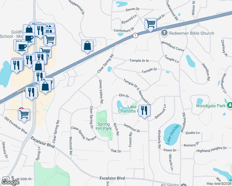 map of restaurants, bars, coffee shops, grocery stores, and more near 16624 Elm Drive in Minnetonka