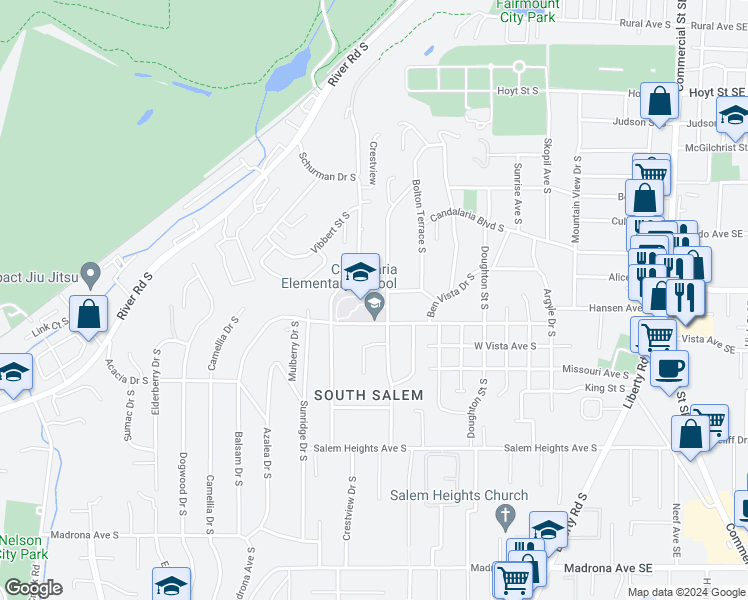 map of restaurants, bars, coffee shops, grocery stores, and more near 935 Hansen Avenue South in Salem
