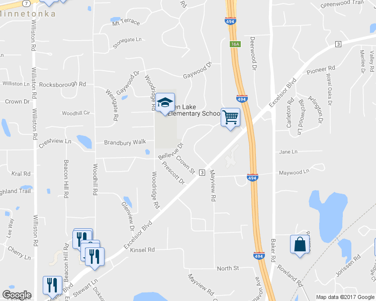 map of restaurants, bars, coffee shops, grocery stores, and more near 5000 Mayview Road in Minnetonka