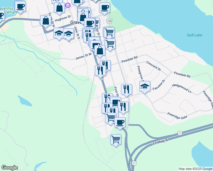 map of restaurants, bars, coffee shops, grocery stores, and more near 890 Muskoka Road South in Gravenhurst