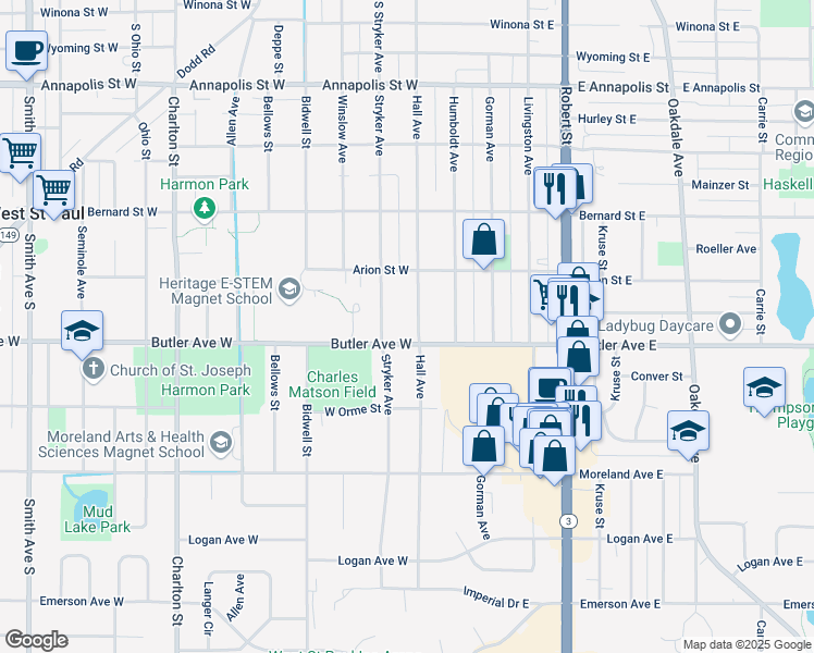 map of restaurants, bars, coffee shops, grocery stores, and more near 1105 Hall Avenue in Saint Paul