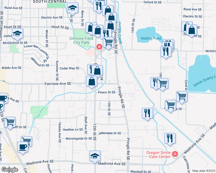 map of restaurants, bars, coffee shops, grocery stores, and more near 1291-1381 Peace Street Southeast in Salem