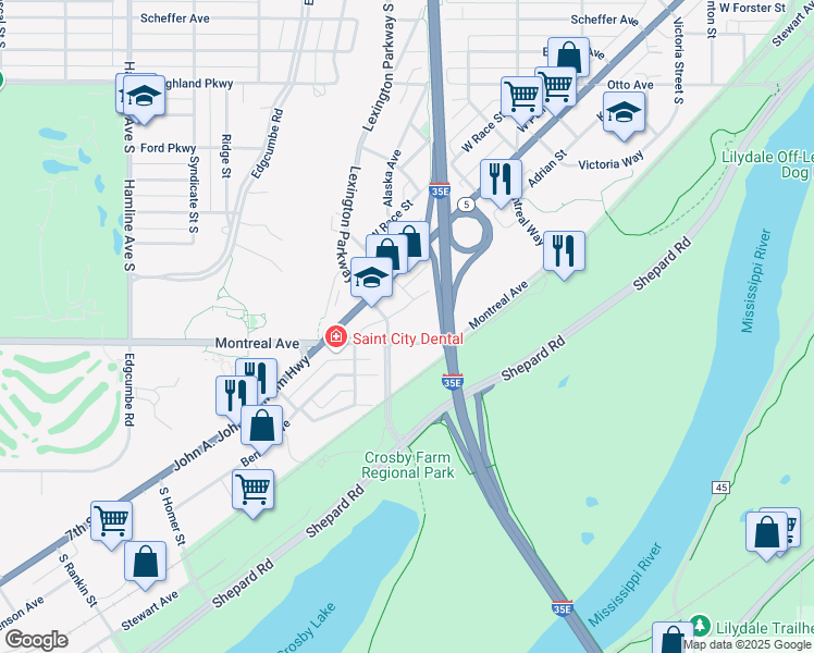 map of restaurants, bars, coffee shops, grocery stores, and more near 1085 Montreal Avenue in Saint Paul