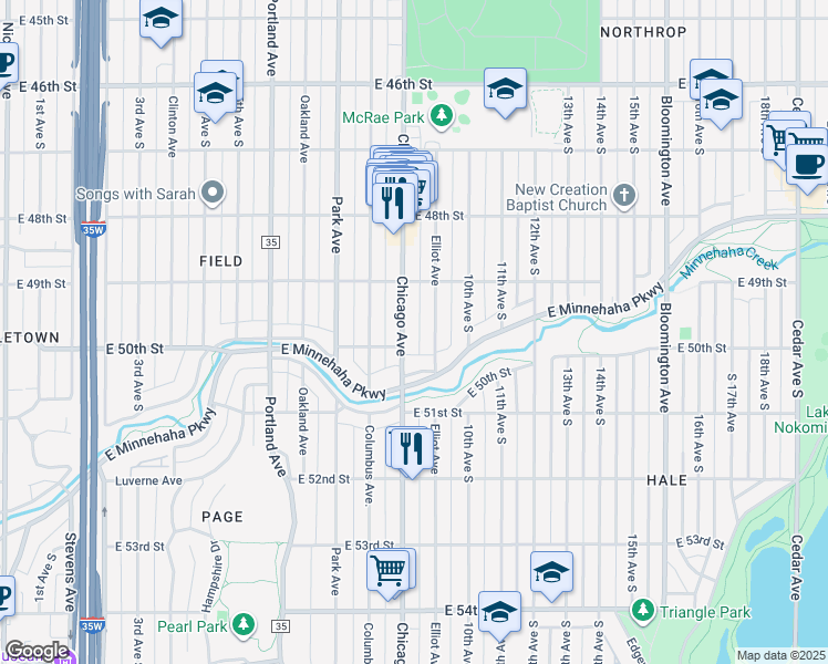 map of restaurants, bars, coffee shops, grocery stores, and more near 4935 Chicago Avenue in Minneapolis