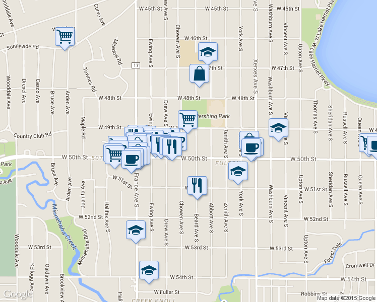 map of restaurants, bars, coffee shops, grocery stores, and more near 4941 Beard Avenue South in Minneapolis